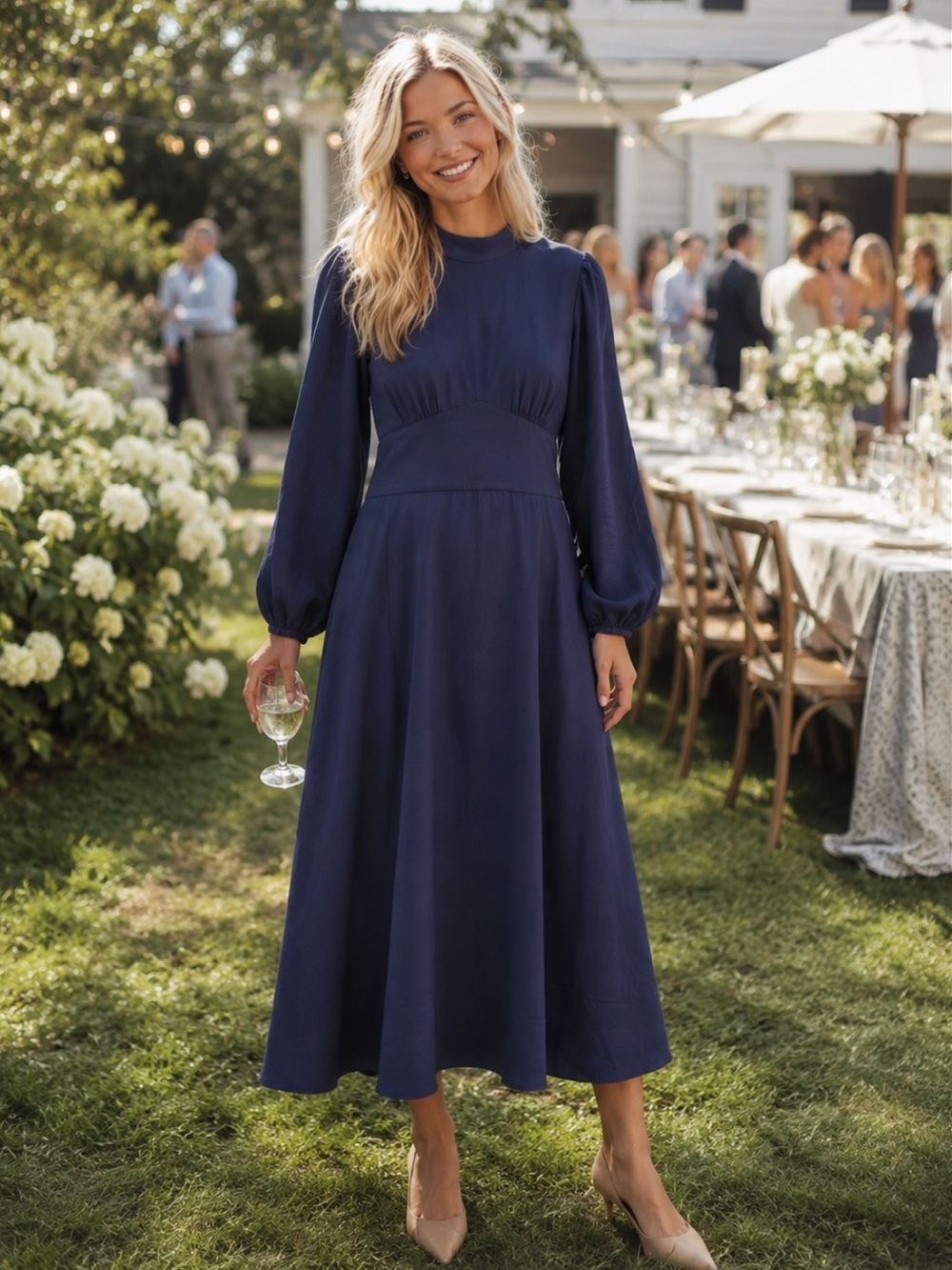 NWT Maggy London Navy Blue Long Sleeve Midi Dress Elegant Classic Flattering